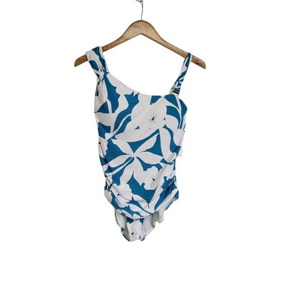 Anne Cole Turquoise & White Mari Botanical Print One-Piece Swimsuit Size 16W NWT - Picture 1 of 9